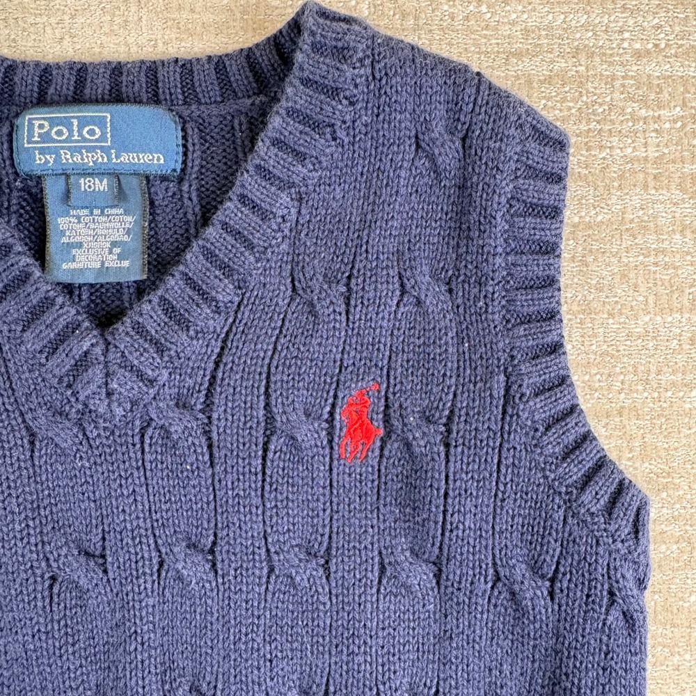 Polo Ralph Lauren Cable Knit Sweater Vest Toddler 18M Navy Blue EUC Preppy Baby